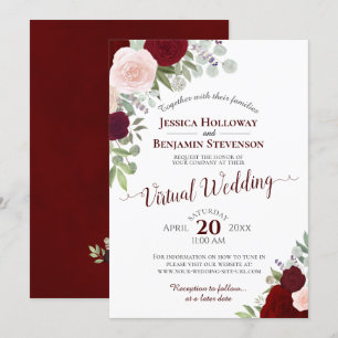 Rustic Burgundy Red & Pink Floral Virtual Wedding Invitation