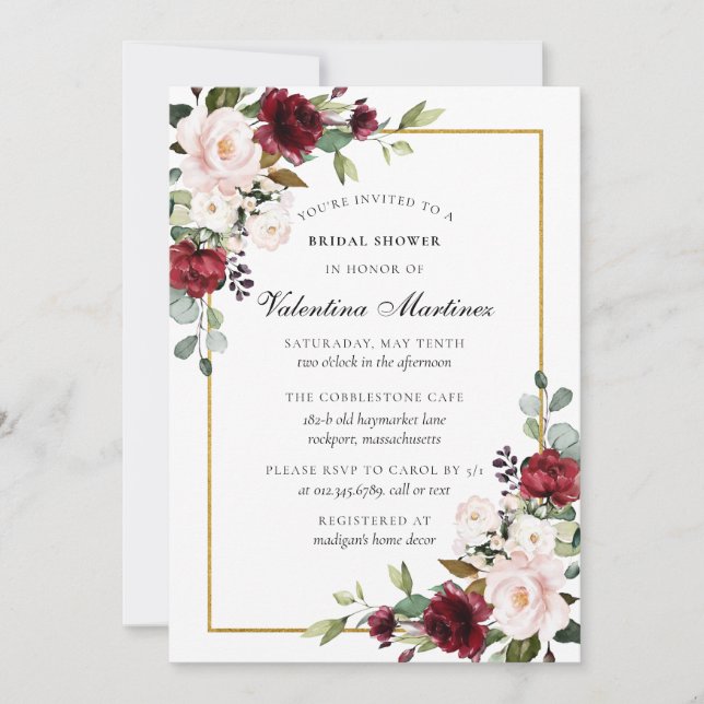 Rustic Burgundy Red Pink Rose Floral Bridal Shower Invitation (Front)