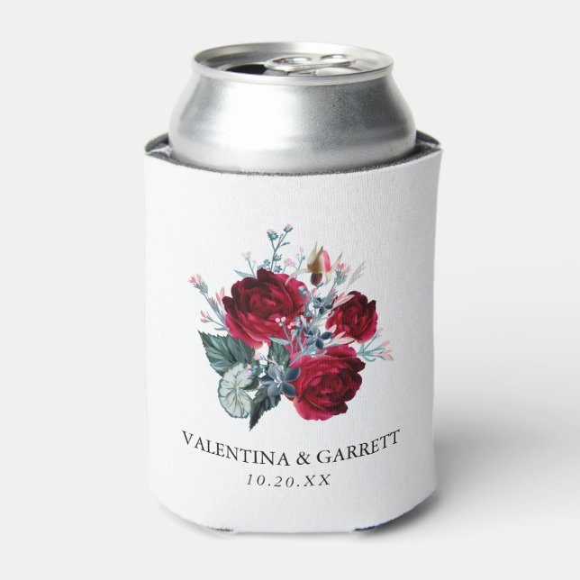 Rustic Burgundy Red Rose Wedding Can Cooler (Can Front)
