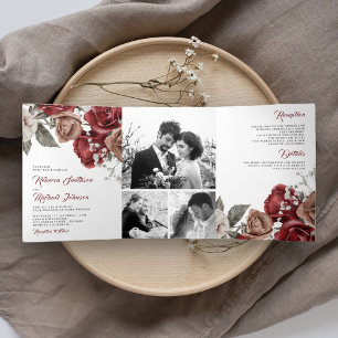 Rustic Burgundy Red Roses Photo Collage Wedding Tri-Fold Invitation
