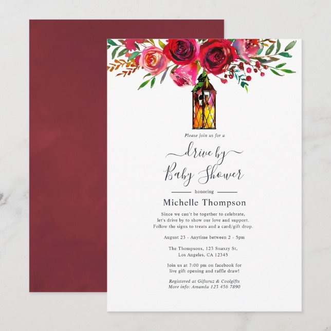 Rustic Burgundy Red Watercolor Drive By Shower Invitation (Front/Back)