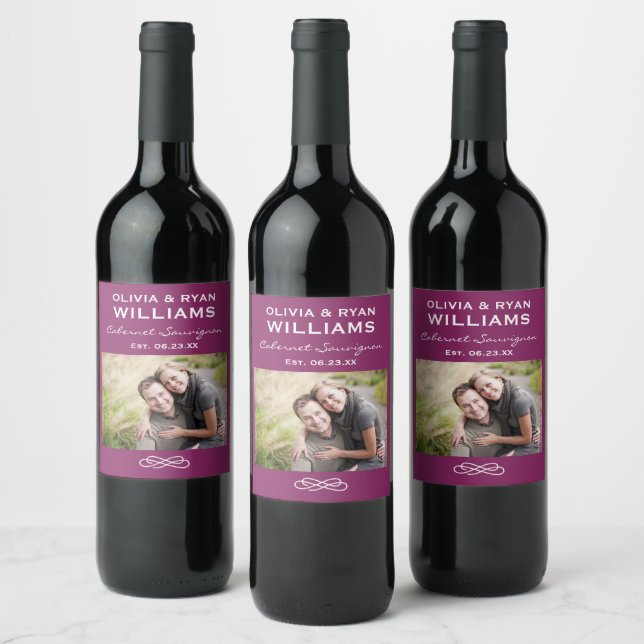 Rustic Burgundy Red Wedding Photo Monogram Wine Label (Bottles)