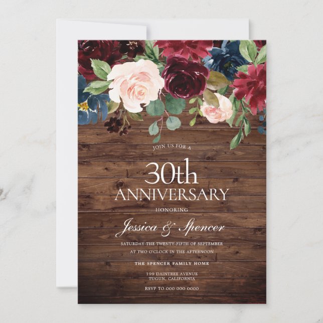 Rustic Burgundy Red Wine 30th Wedding Anniversary Invitation (Front)
