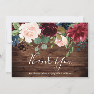 Rustic Burgundy Red Wine & Blush Floral Wedding Thank You Card