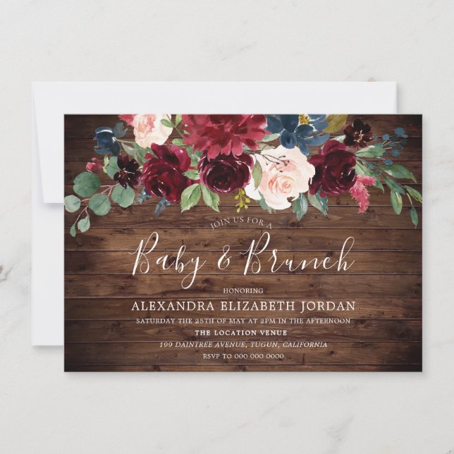 Rustic Burgundy Red Wine Flower Baby Shower Brunch Invitation (Front)