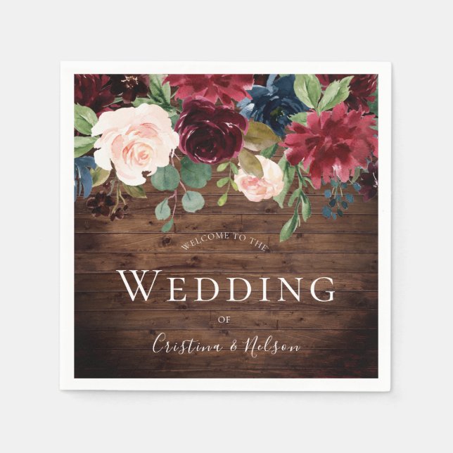 Rustic Burgundy Red Wine Flowers Wedding Napkin (Front)