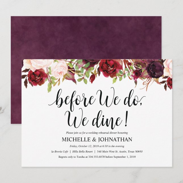 Rustic Burgundy Rehearsal Wedding Dinner Invite (Front/Back)