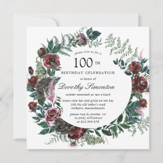 Rustic Burgundy Rose Floral 100th Birthday Invitation