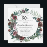 Rustic Burgundy Rose Floral 90th Birthday Invitation<br><div class="desc">Honour a special person with this elegant 90th Birthday party invitation. A variety of burgundy red roses tucked into dark green foliage create a round botanical frame.</div>