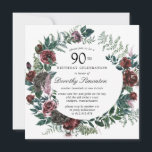 Rustic Burgundy Rose Floral 90th Birthday Invitation<br><div class="desc">Honour a special person with this elegant 90th Birthday party invitation. A variety of burgundy red roses tucked into dark green foliage create a round botanical frame.</div>