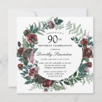 Rustic Burgundy Rose Floral 90th Birthday