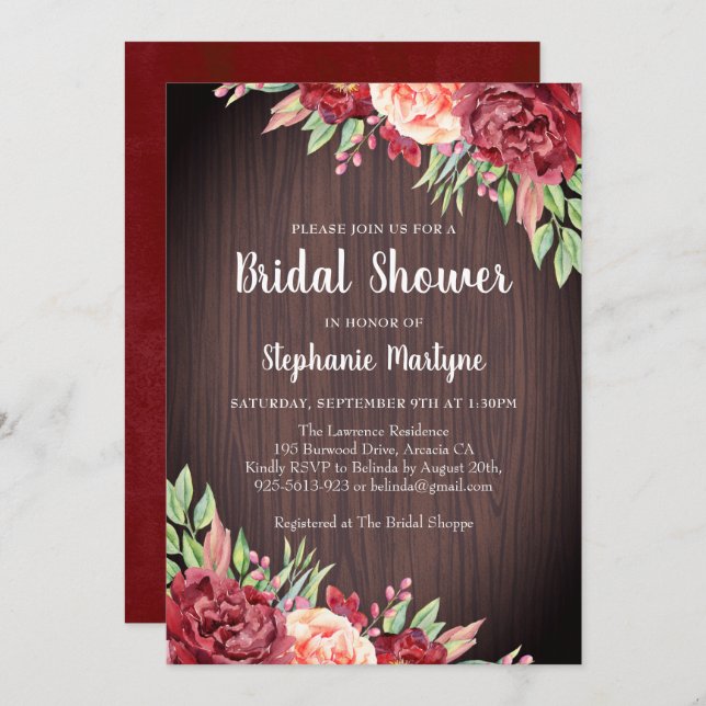 Rustic Burgundy Rose Floral Bridal Shower Invitation (Front/Back)