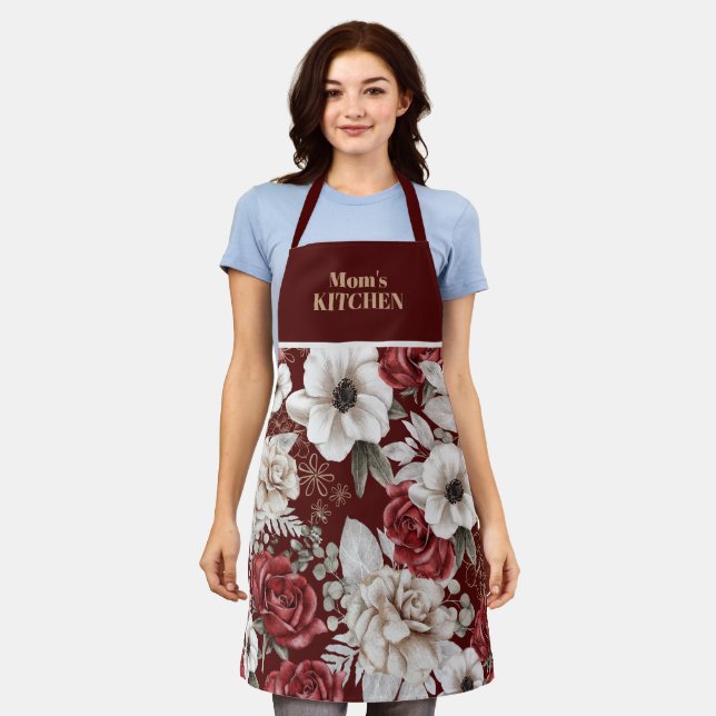 Rustic Burgundy Rose Floral Pattern Apron (Worn)