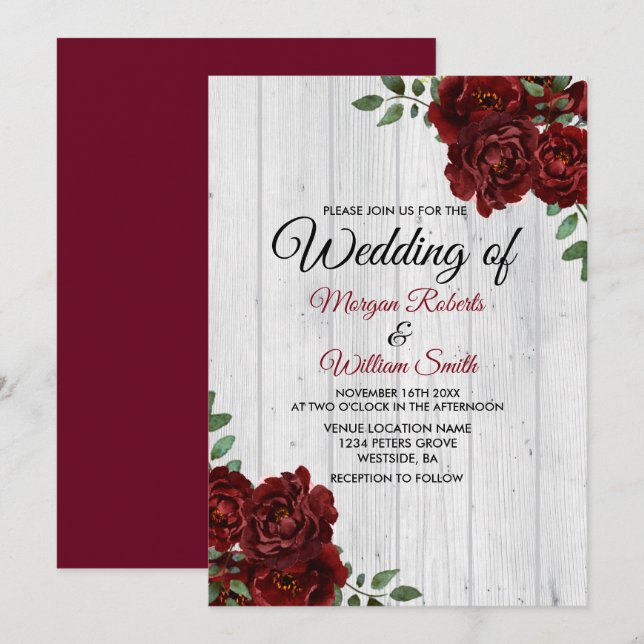 Rustic Burgundy Rose Romantic Wedding Invitation (Front/Back)