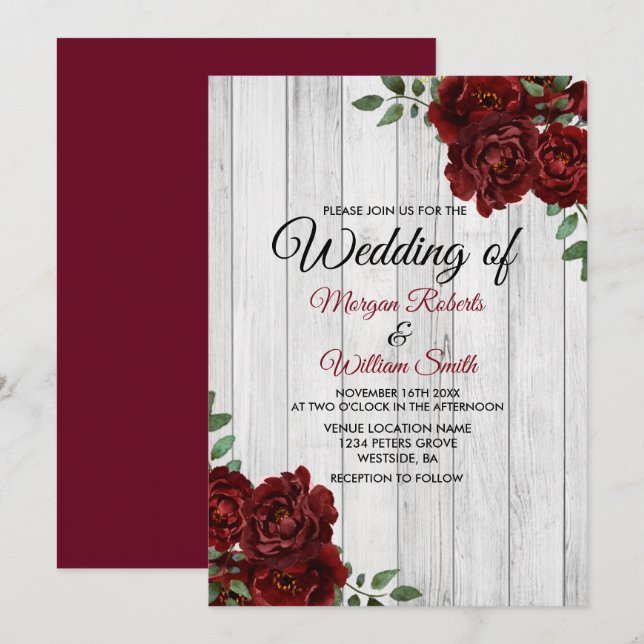 Rustic Burgundy Rose Romantic Wedding Invitation (Front/Back)