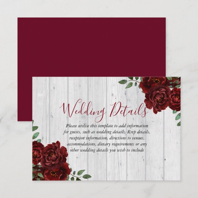 Rustic Burgundy Rose Romantic Wedding Reception Invitation (Front/Back)
