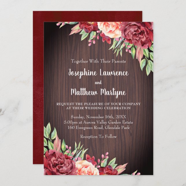 Rustic Burgundy Rose Watercolor Floral Wedding Invitation (Front/Back)