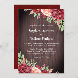Rustic Burgundy Rose Watercolor Floral Wedding Invitation