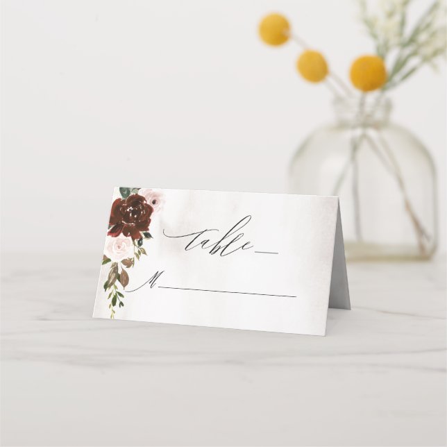 Rustic Burgundy Rose Watercolor Floral Wedding Place Card (Front)