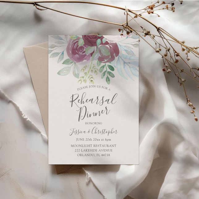 Rustic Burgundy Rose Wedding Rehearsal Dinner Invitation (Creator Uploaded)