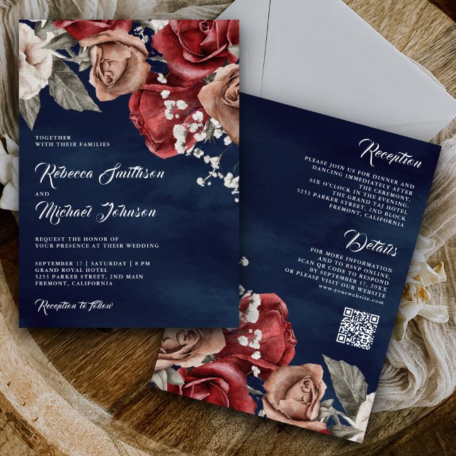 Rustic Burgundy Roses QR Code Navy Blue Wedding Invitation (Creator Uploaded)