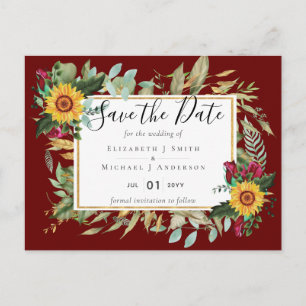 Rustic Burgundy Roses Sunflowers Save the Dates Po Postcard