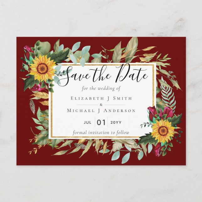 Rustic Burgundy Roses Sunflowers Save the Dates Po Postcard (Front)
