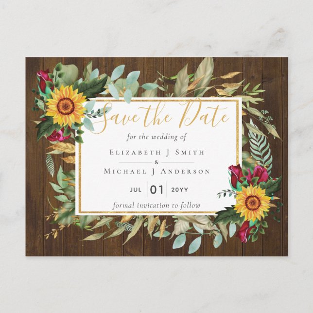 Rustic Burgundy Roses Sunflowers Save the Dates Postcard (Front)