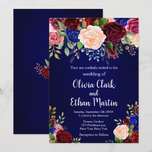 Rustic Burgundy Royal Blue Watercolor Floral Invitation
