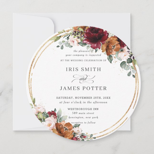 Rustic Burgundy Rust Floral Gold Greenery Wedding Invitation (Front)