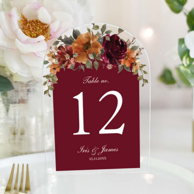Rustic Burgundy Rust Floral Wedding Table Number (Creator Uploaded)