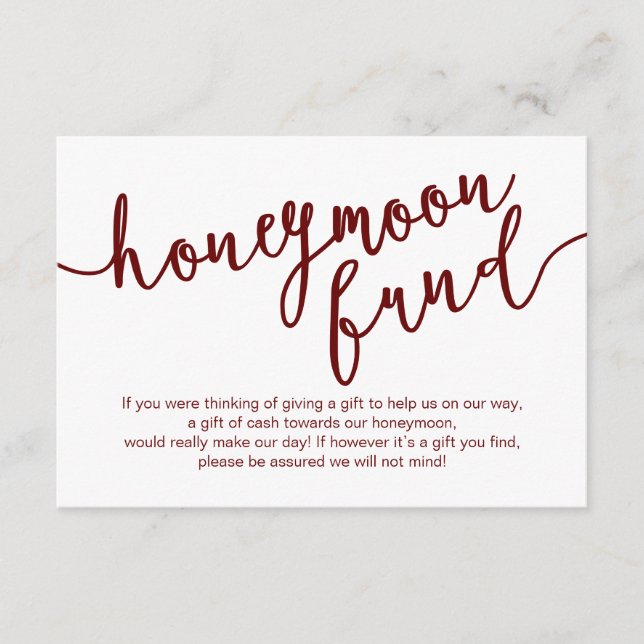 Rustic Burgundy Script, Wedding Honeymoon Fund Enclosure Card (Front)