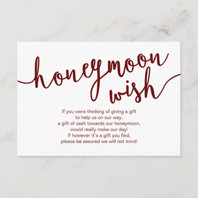 Rustic Burgundy Script, Wedding Honeymoon Wish Enclosure Card (Front)
