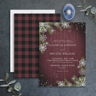 Rustic Burgundy Silver Winter Wood Plaid Wedding Invitation