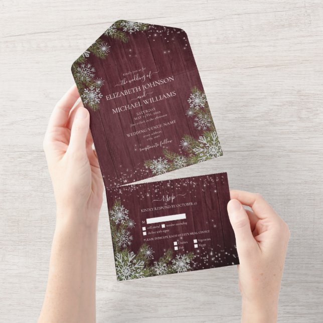 Rustic Burgundy Silver Winter Wood Wedding +Menu All In One Invitation (Tearaway)