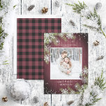 Rustic Burgundy Snowflake New Mr & Mrs Photo<br><div class="desc">Based on my bestselling Winter Wedding Invitation Suite, this warm, cosy burgundy wood design photo Christmas Card features your favourite wedding photo, and is decorated with silver glitter snowflakes and watercolor pine branches, and a burgundy and black buffalo plaid texture. Please contact designer for matching products, or design variations, and...</div>