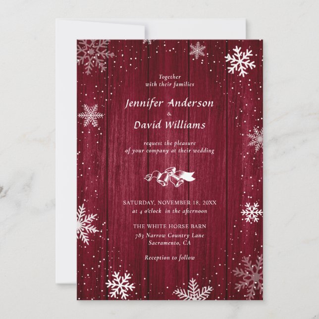 Rustic Burgundy Snowflake Winter Wedding Invitation (Front)