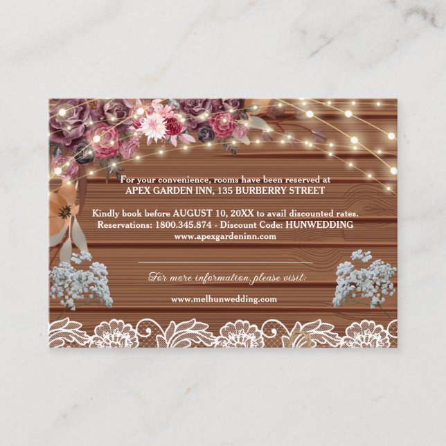 Rustic Burgundy String Lights Baby's Breath Lace Enclosure Card (Front)