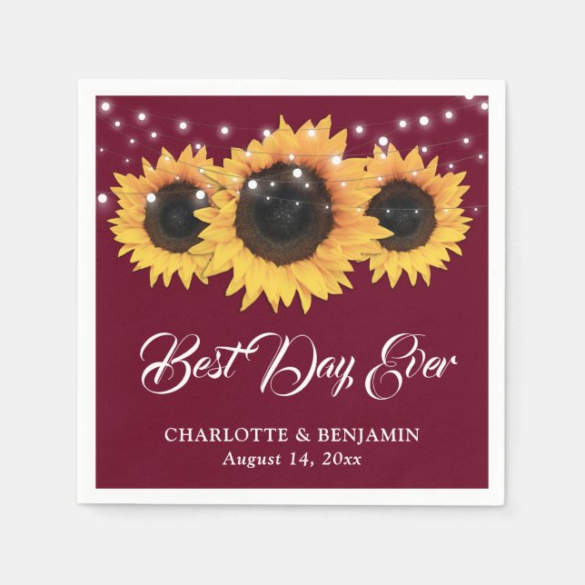 Rustic Burgundy String Lights Sunflower Wedding Napkin (Front)