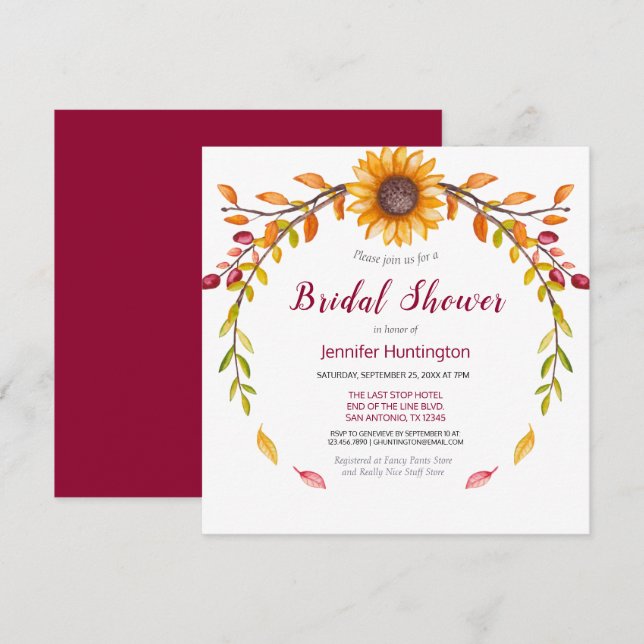 Rustic Burgundy Sunflower Bridal Shower Invitation (Front/Back)