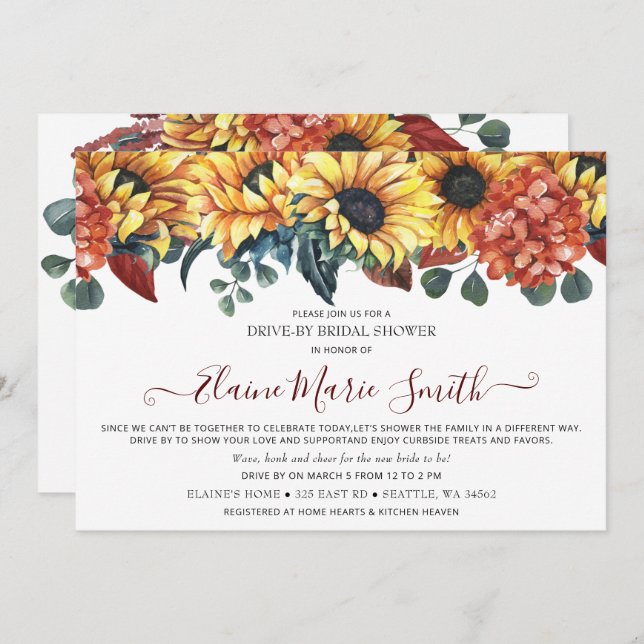 Rustic Burgundy Sunflower Drive Thru Bridal Shower Invitation (Front/Back)