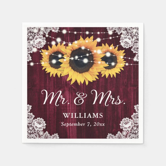 Rustic Burgundy Sunflower Mr and Mrs Wedding Napkin (Front)