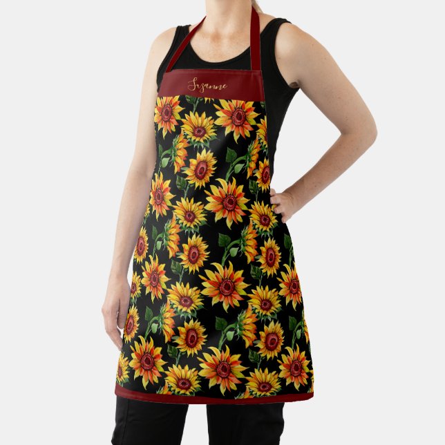 Rustic Burgundy Sunflower Personalised Fall Floral Apron (Insitu)