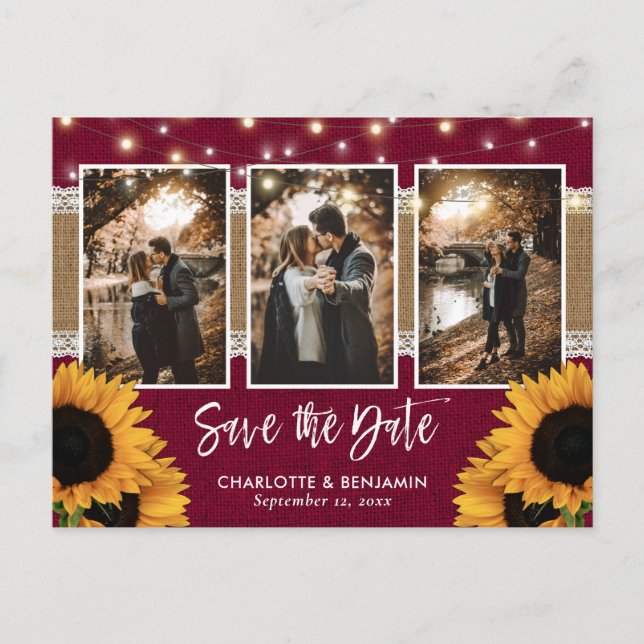 Rustic Burgundy Sunflower Photo Save The Date Announcement Postcard (Front)