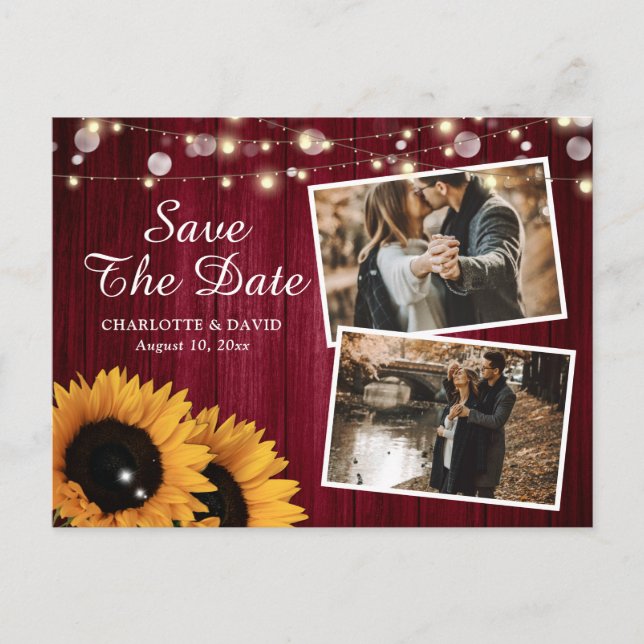Rustic Burgundy Sunflower Save The Date Photo Announcement Postcard (Front)