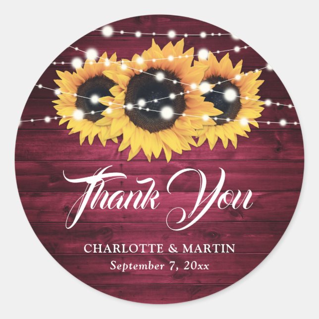 Rustic Burgundy Sunflower Thank You Wedding Favour Classic Round Sticker (Front)