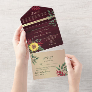 Rustic Burgundy Sunflower Wedding All In One Invitation