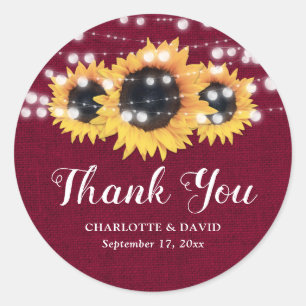 Rustic Burgundy Sunflower Wedding Favour Classic Round Sticker