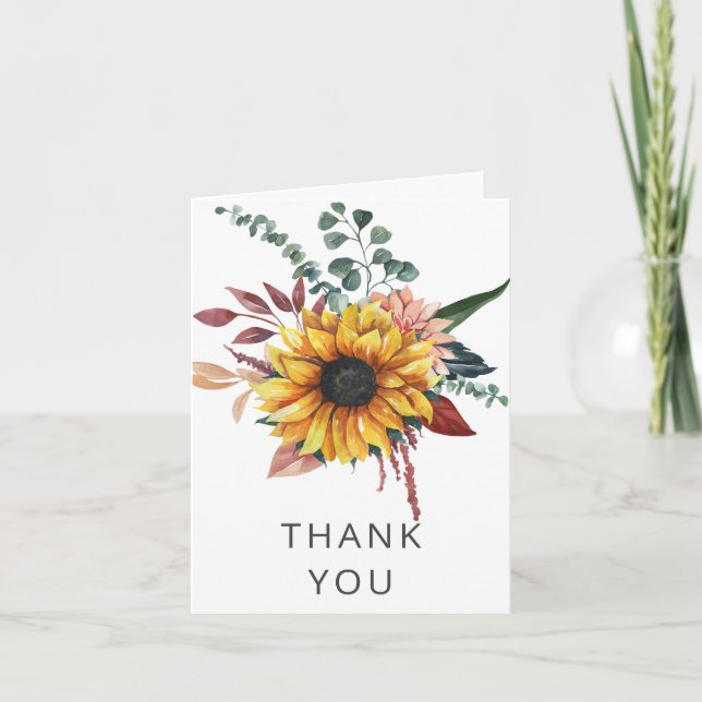 Rustic Burgundy Sunflowers Thank You Card (Front)