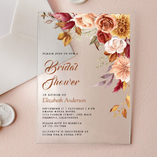Rustic Burgundy Terracotta Floral Bridal Shower Acrylic Invitations